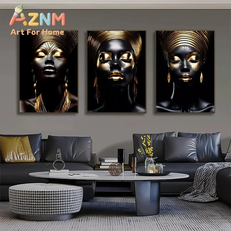 African Black Golden Woman Portrait Posters Prints Canvas Painting Black Girl Wall Art Pictures for Modern Living Room Decor