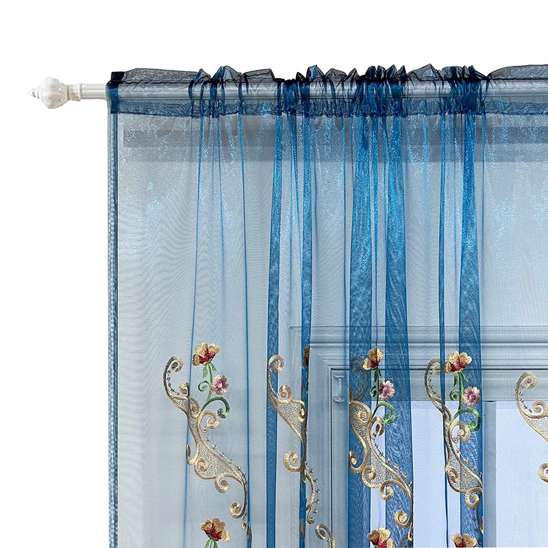 Korean Style Countryside High-end Embroidered Blue Transparent Gauze Curtains For Luxury living Room Bedroom Window Curtains