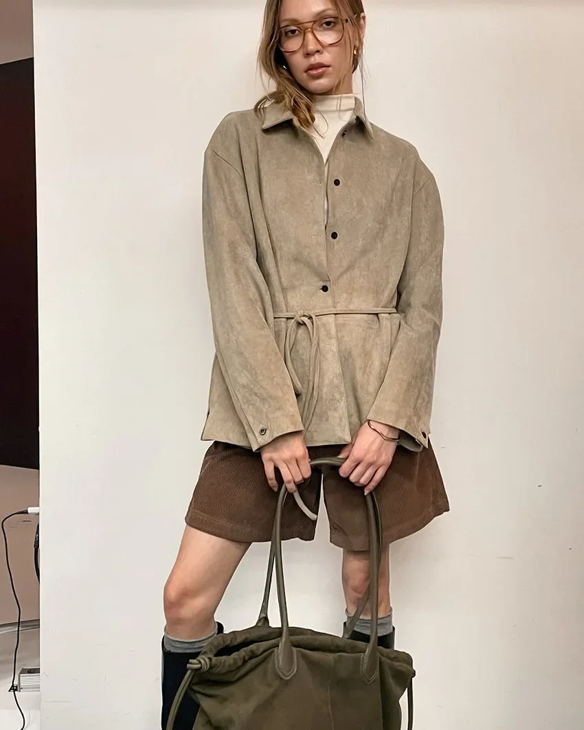 

Lace Up Suede Jacket For Women Lapel Collar Single Breasted Cinched Waist Autumn Khaki Coat Female Style Shirt