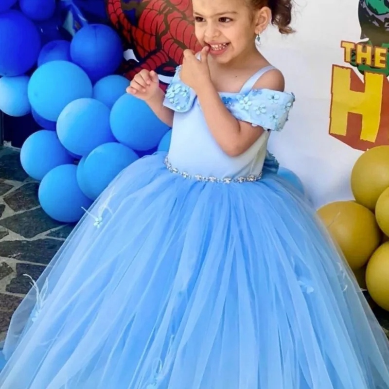 Hellblaue Blumen mädchen kleider Geburtstag Luxus applikationen für Erstkommunion Hochzeit Prinzessin Ballkleid Festzug Kinder Geburtstag