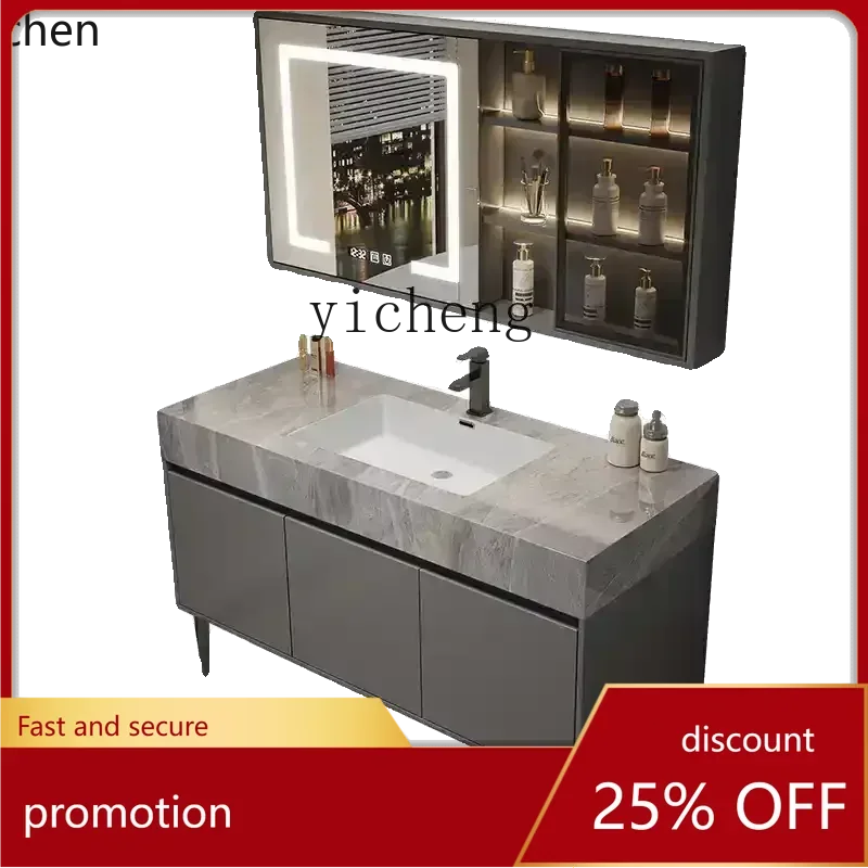 

Комбинированный шкаф для ванной комнаты YFY с бесшовной керамической раковиной, встроенной в пол, и умывальником.