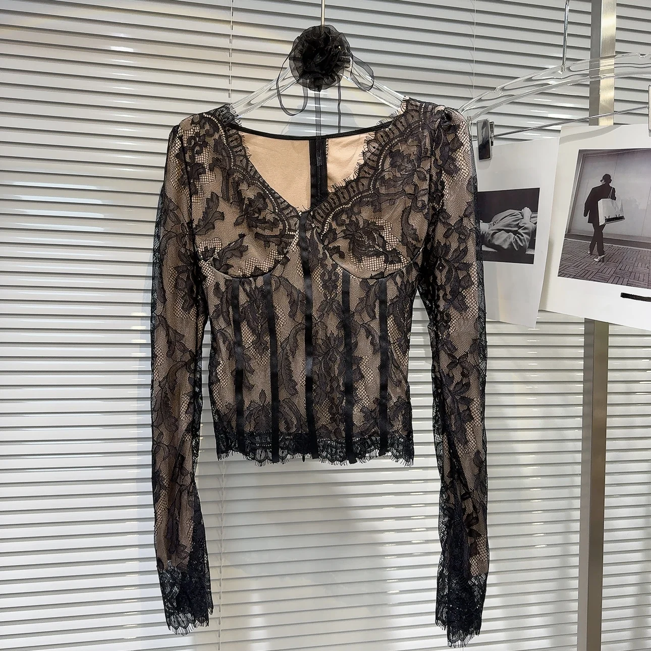 Women's Elegant Lace V Neck Long Sleeve Slim Short Blouse Lady Spring Autumn Solid Color Vinatge Basic Shirt Top