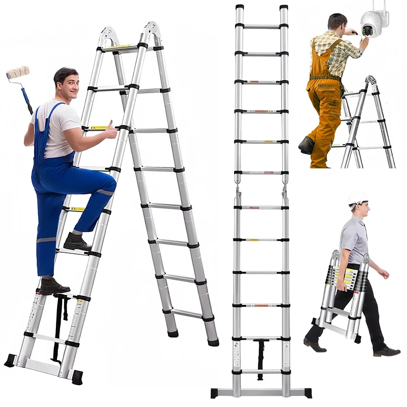 BRIEFNESS Teleskop A Leiter Klappbar 3.8-5M Edelstahl A-Rahmen Ausziehbar mit Stabilisatorstab 150kg Haus Büro Dachboden
