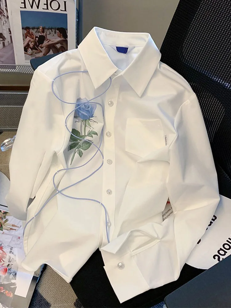 

Белая повседневная рубашка с принтом Ele Rose, осенняя, модная, свободного кроя, с длинным рукавом, молодежная, из полиэфирного волокна