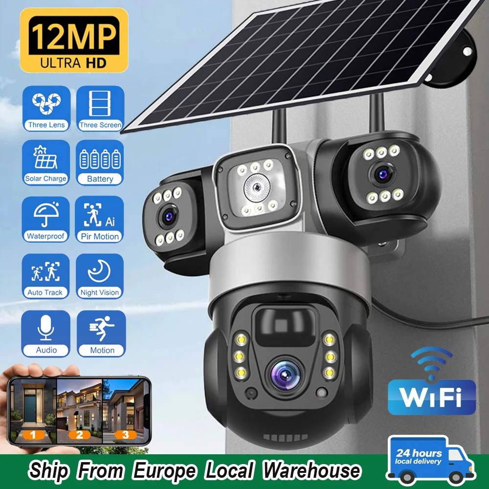Telecamera WiFi Solare a Tripla Lente V380 con Batteria Integrata, Telecamere CCTV Wireless Impermeabili per Esterni, Supporta Rilevamento Umano PIR, Visione Notturna, Protezione di Sicurezza con