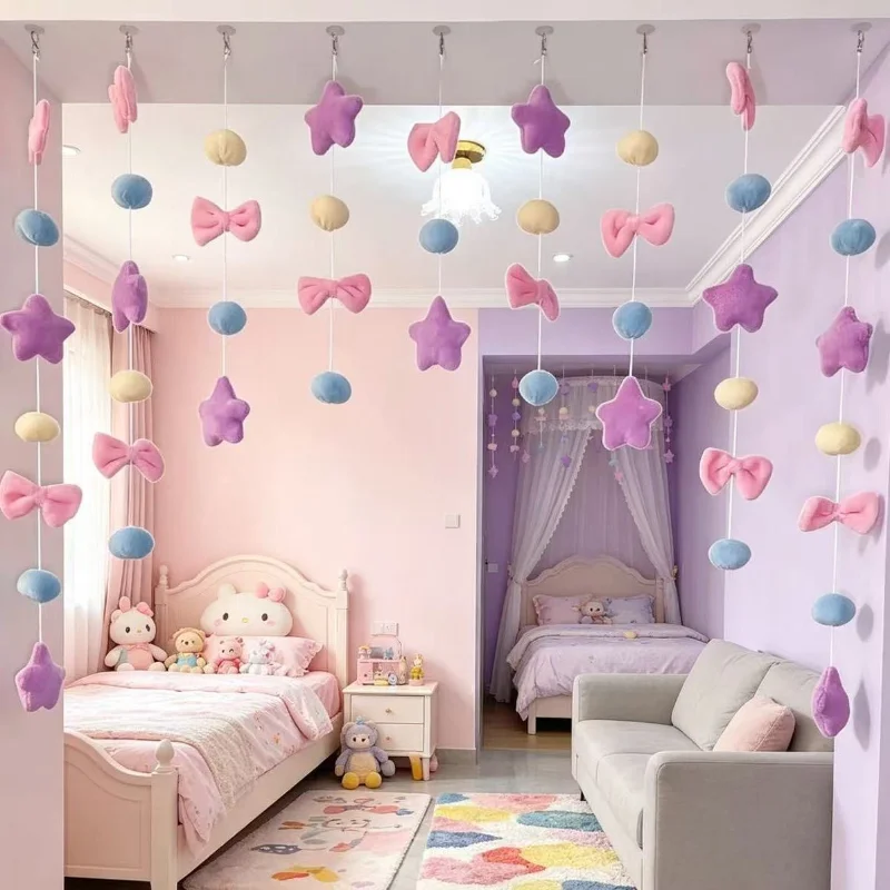 Fluffy Plush Doorway Curtain Cute Bowknot & Star Ornament Hanging String Garland Home Window Nursery Bedroom Wall Party Decor