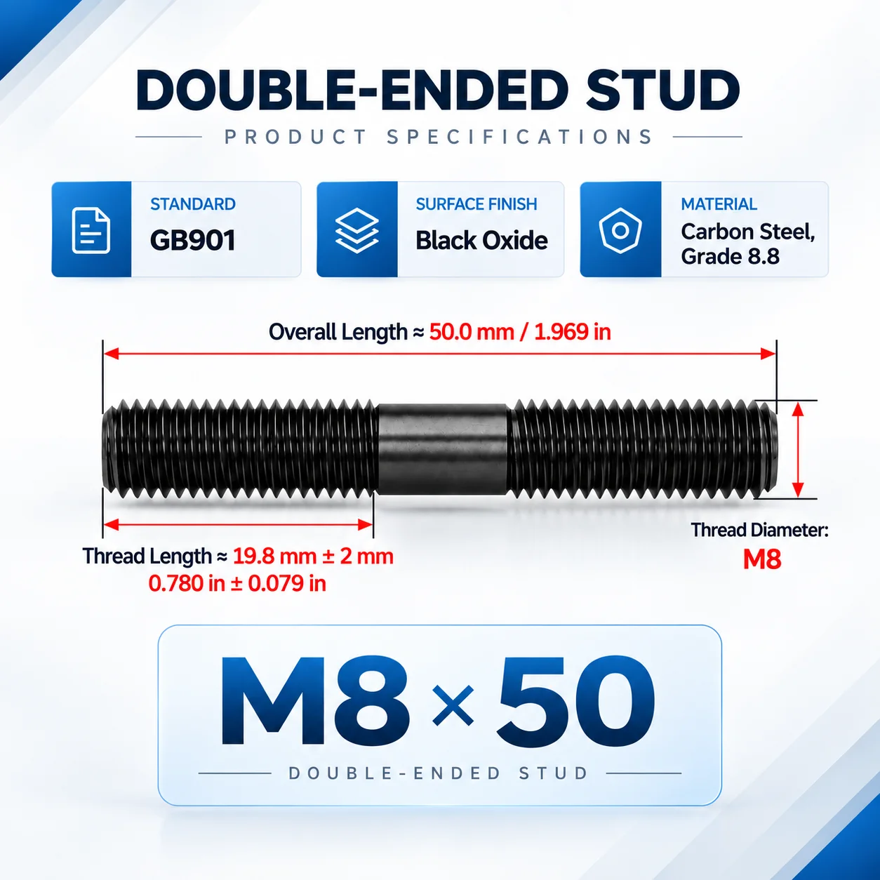 5 PCS M8 M10 M12 8.8 grade carbon steel GB901 rod high-strength double head screw 50-100MM double head screw double head bolt