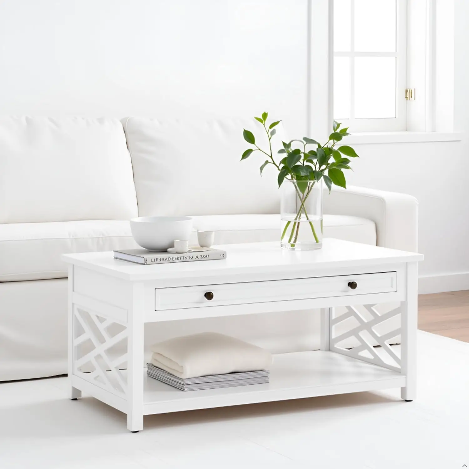 36" Modern White Wood Coffee Table - Coventry Accent Furniture with Drawer & Open Shelf, for Living Room Storage & Décor
