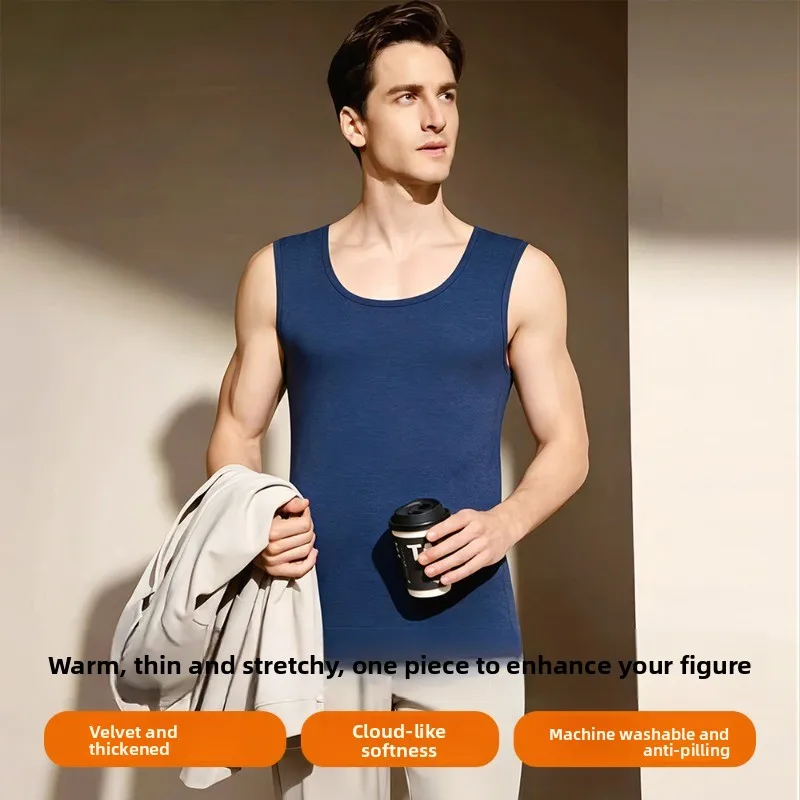 Men's Thermal Vest Lamb's Wool Lining Comfortable Cold Protection Sleeveless Undershirt Round Neck Self-heating Base Tank Tops