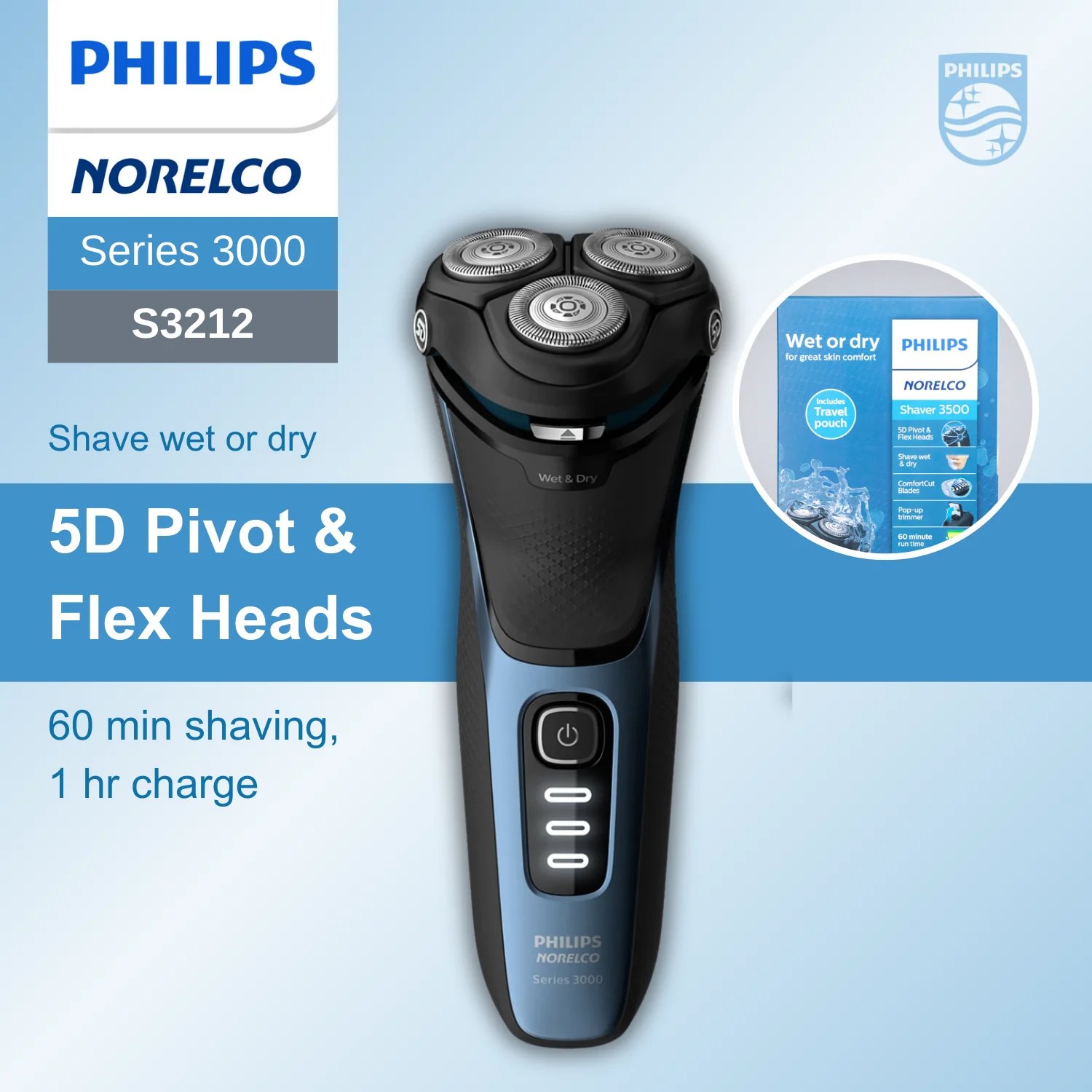 

Philips Norelco Razor series 3000 S3212, 5D Pivot & Flex Heads，Shave wet or dry，ComfortCut blades，60 min shaving, 1 hr charge