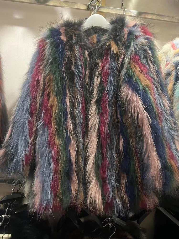 Fur Coat For Women American European Female Colorful Hand Knitted 100% Raccoon Fur Jackets Streetwear Rainbow Color Down Coats