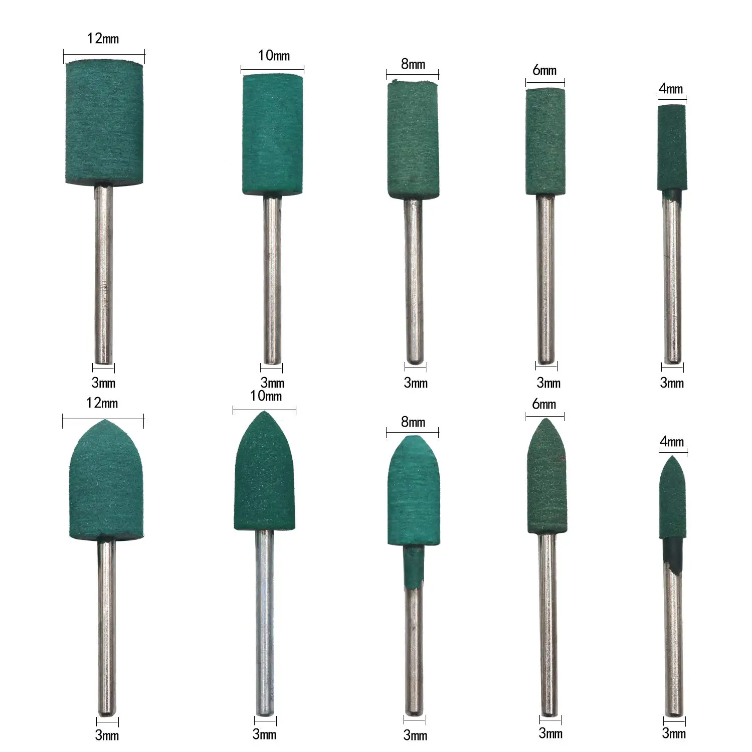 5~50pcs Rubber Polishing Bits Polishing Drill Bit Green Buffer Abrasive Bits Metal Polish Tips Rotary Tool Bullet/Cylinder Shape