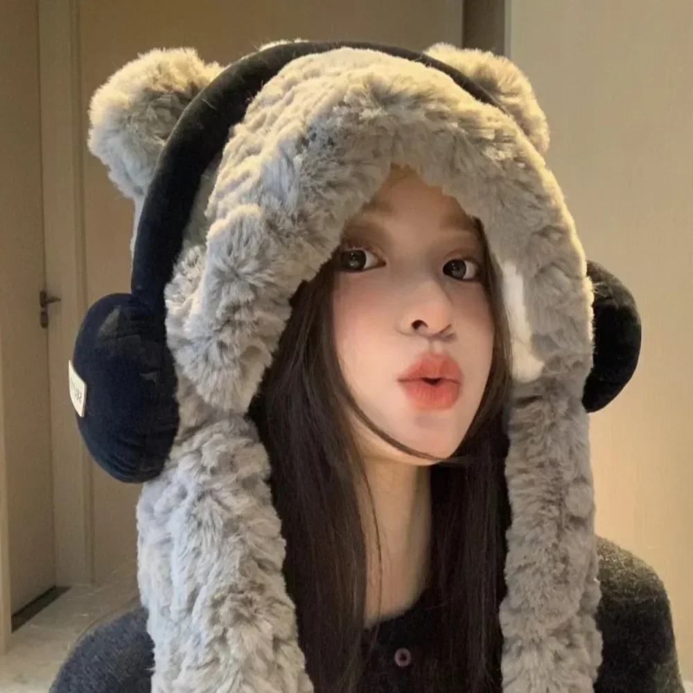 

Fashion Cute Bear Ears Winter Hat for Women Woolen Ear Protection Bucket Hat Plush Coldproof Winterproof Cycling Face Mask Cap