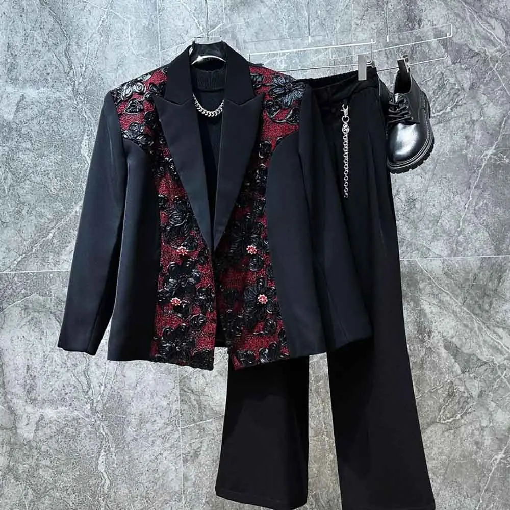 Mens Fall Jacket Embroidered Patchwork Casual Suit Streetwear Fashion Nightclub Stage Performance Jacket Top Men'S Clothing 2025