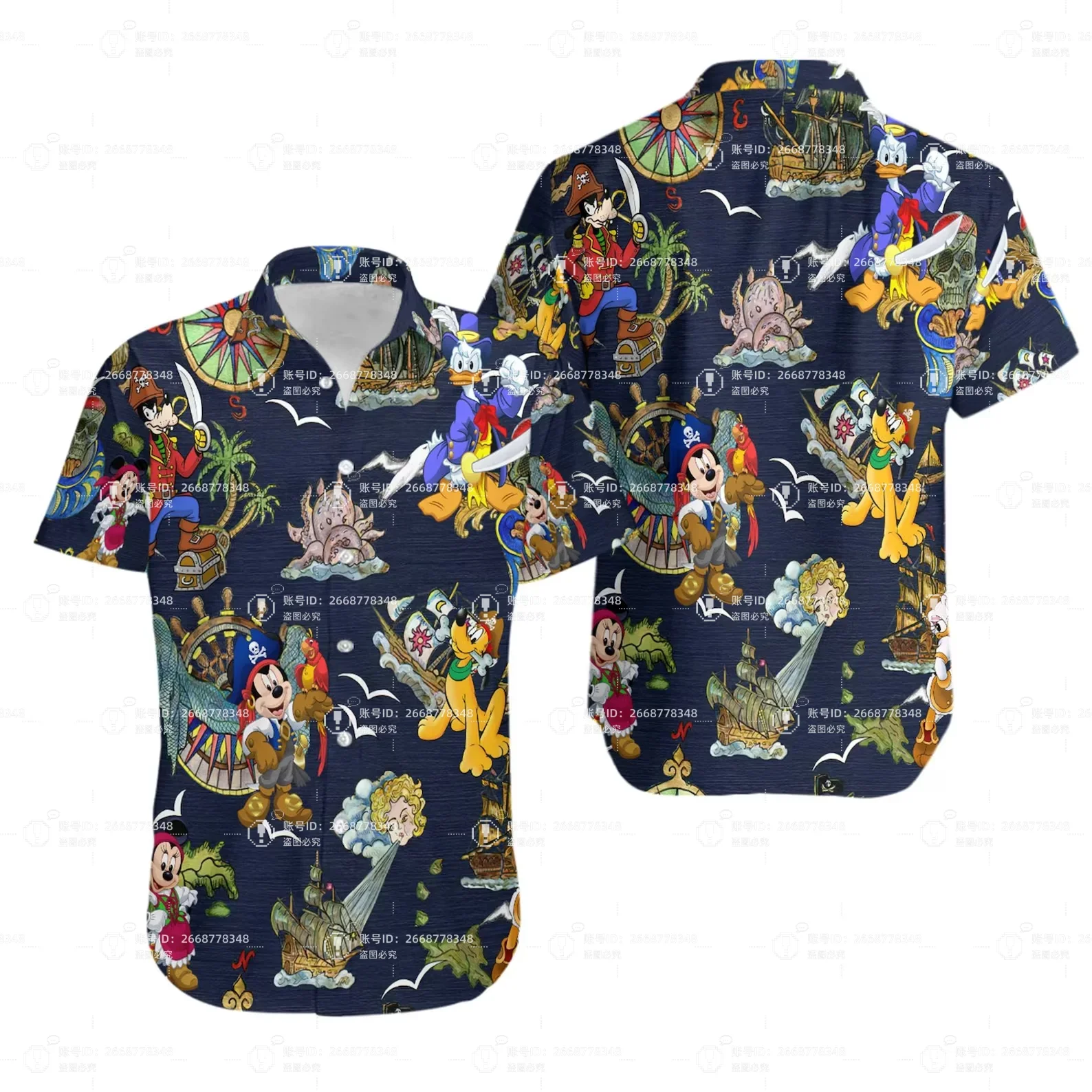 Mickey Pirates of the Caribbean Hawaiian Shirts for Men\'s Disney Cruise Line Hawaiian Shirts Casual Beach Short Sleeve Shirts