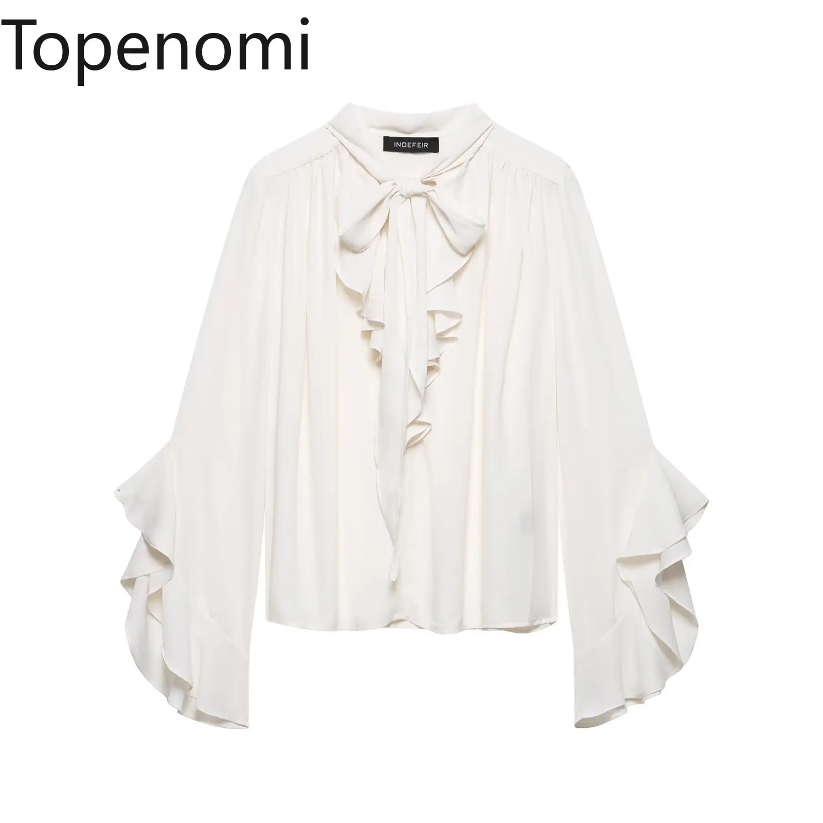 

Topenomi French Elegant Ruffle Lace Up Long Sleeve Shirt Women Temperament Solid Loose Folds Tops Gentle Versatile Chic Blouse