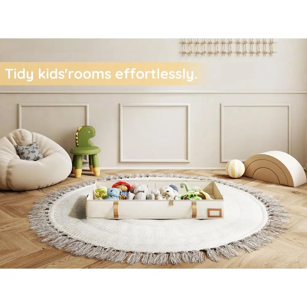 حاويات تخزين باللونين البيج والبني سعة 60 لترًا مع مقابض جلدية للسرير تحت السرير والملابس والأدوات الموسمية