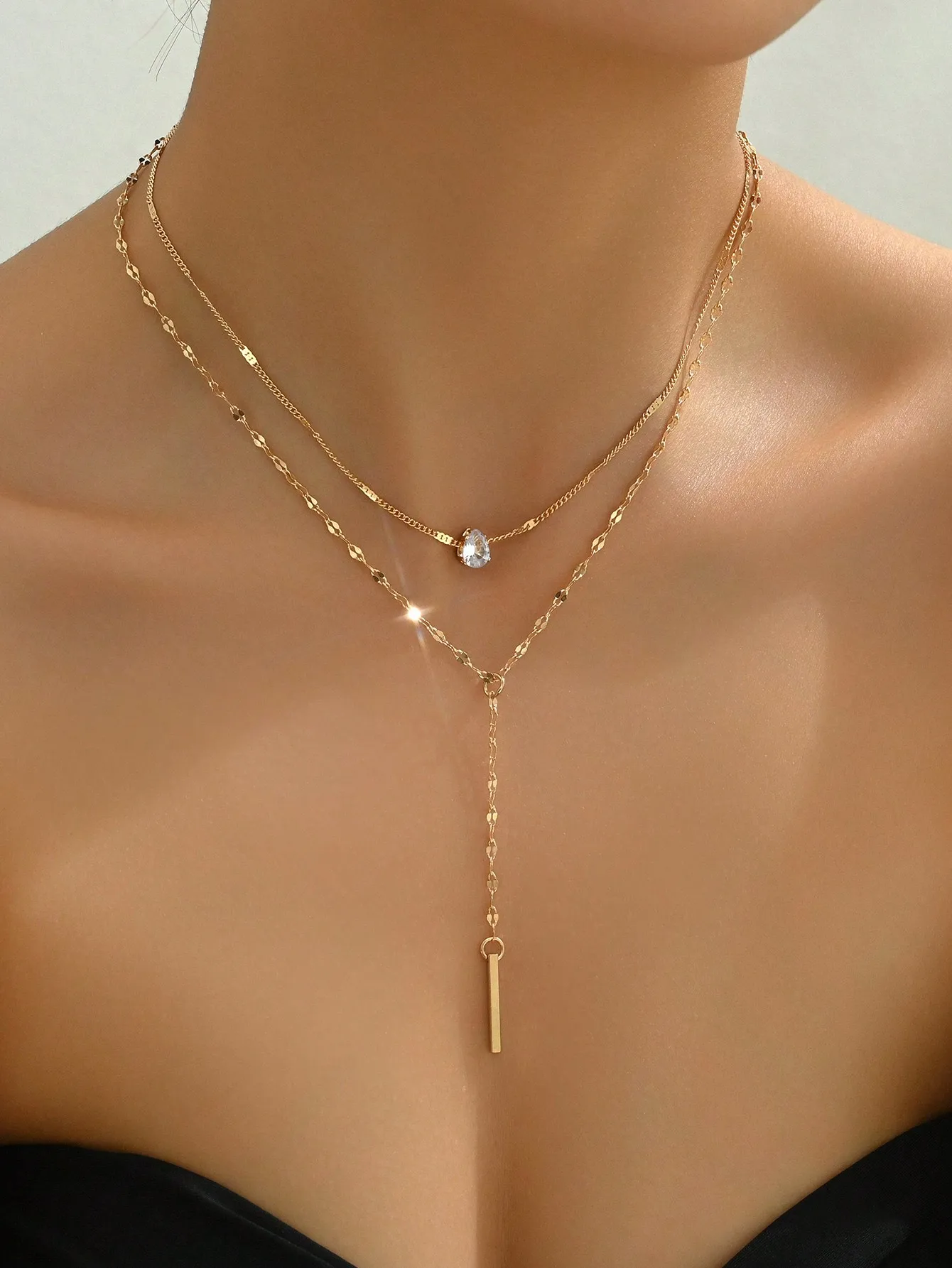 Women Layered Necklace Clear Rhinestone Teardrop Pendant Lariat Y Necklace Long Bar Tassel Dainty Chain Statement Jewelry Gift