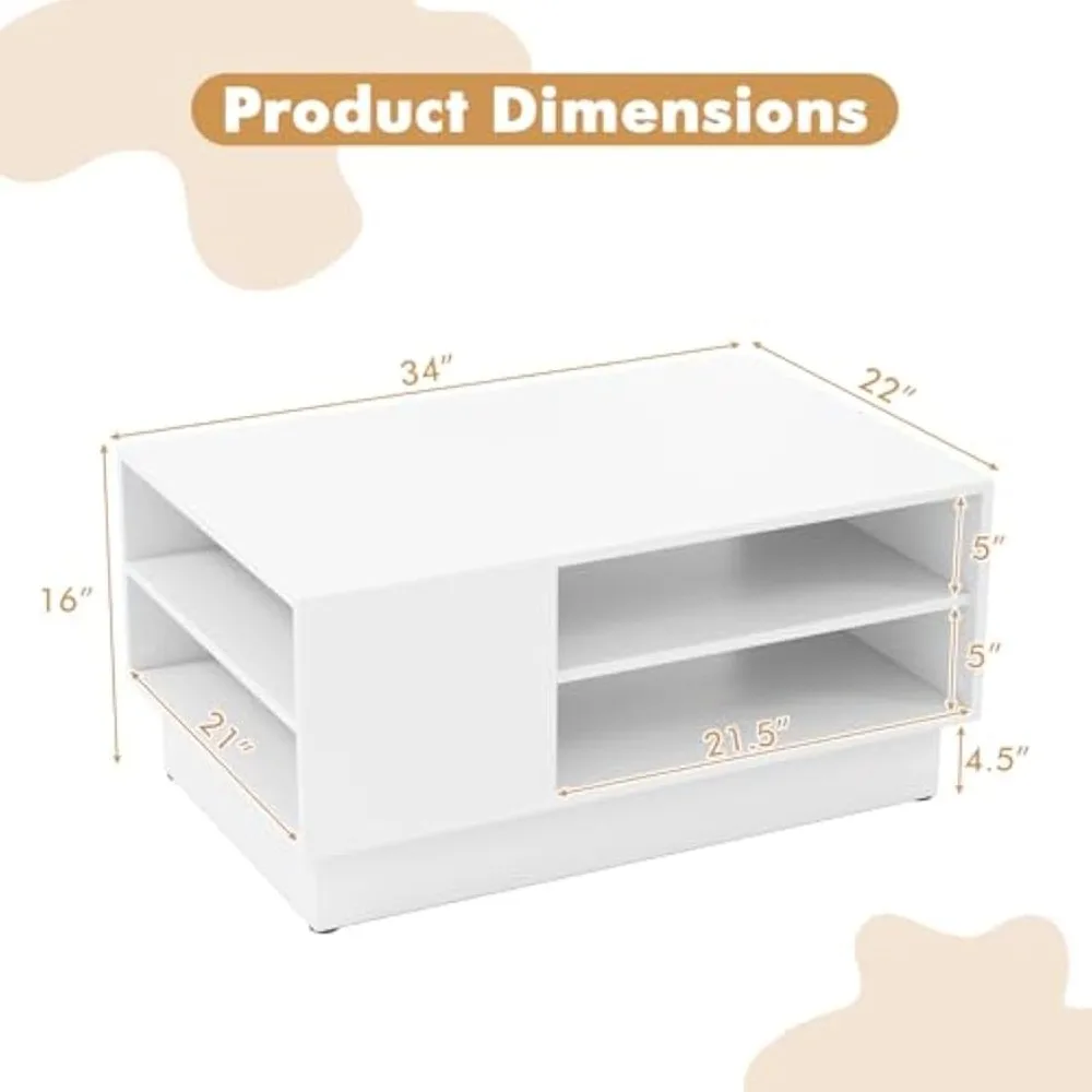 Mesa de centro rectangular de 2 niveles con base elevada y diseño geométrico moderno