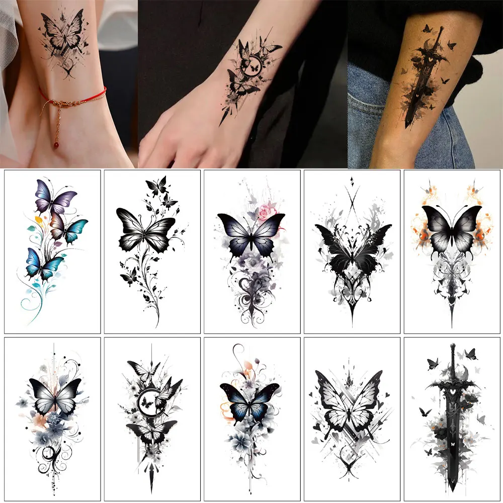 10 Sheets Butterfly Pattern Temporary Tattoos For Women Men Waterproof Flower Fake Tattoo Stickers for Hand