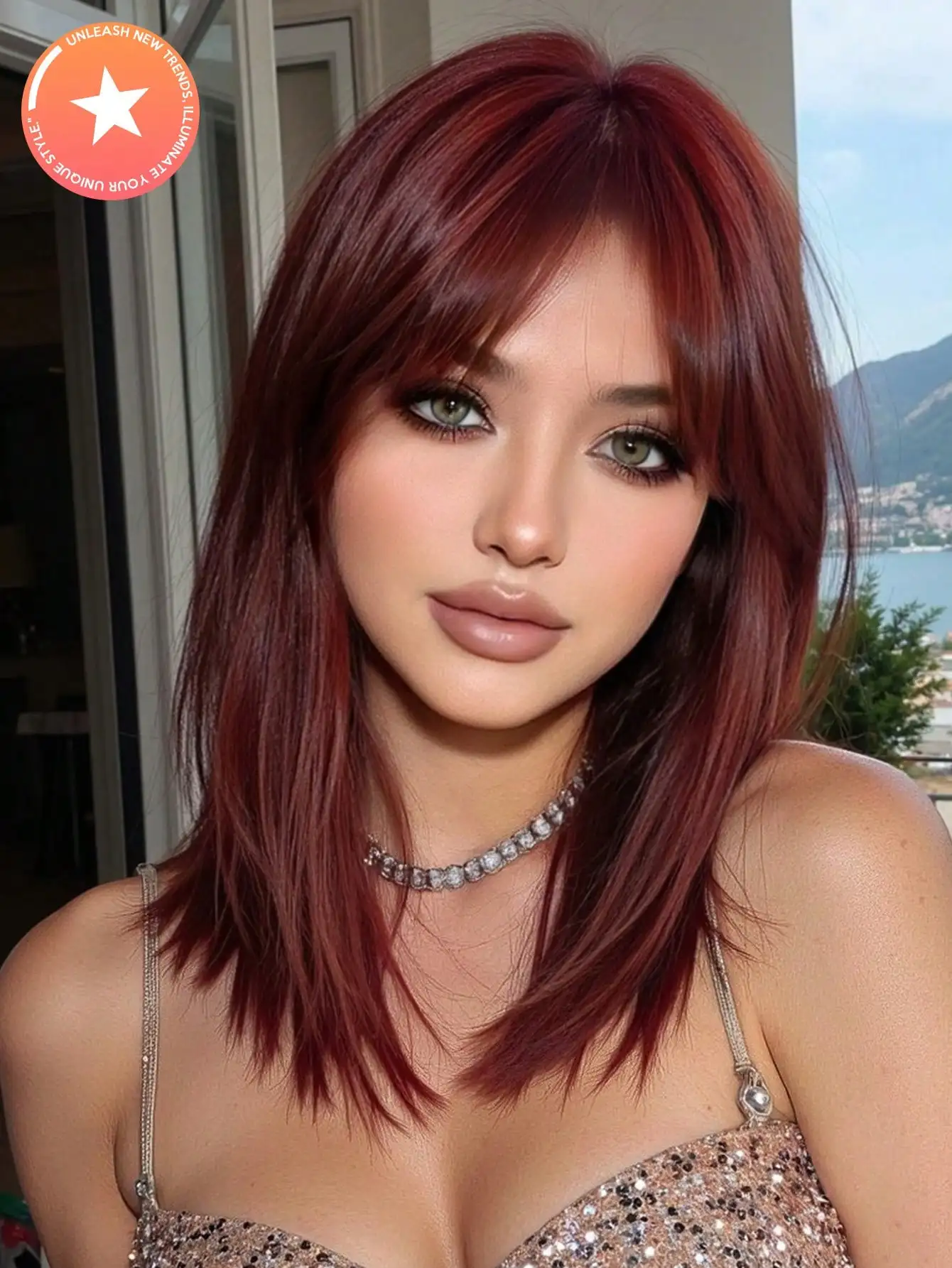 Wine Red Middle Part Layered Medium-Length Synthetic Wig for Women - Party Individual Colorful Full Head Hairstyle Halloween