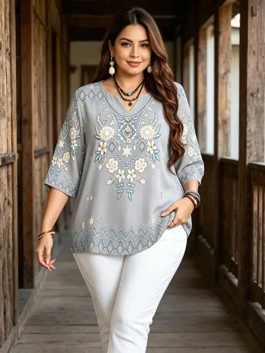 Women Boho Vintage Geometric Chest Floral Print Blouse For Curvy Figures Notched Neck 3/4 Sleeve Loose Casual Ladies Tops