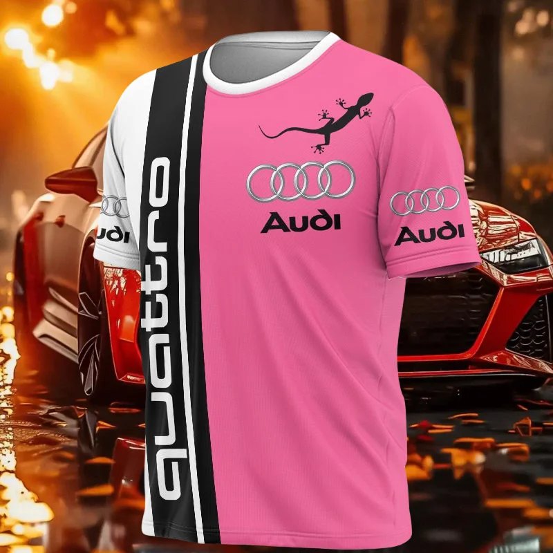 

Летняя популярная мужская футболка с короткими рукавами и 3D-печатью Audi quattro, дышащая и крутая, с короткими рукавами MOTO, розовая и красная