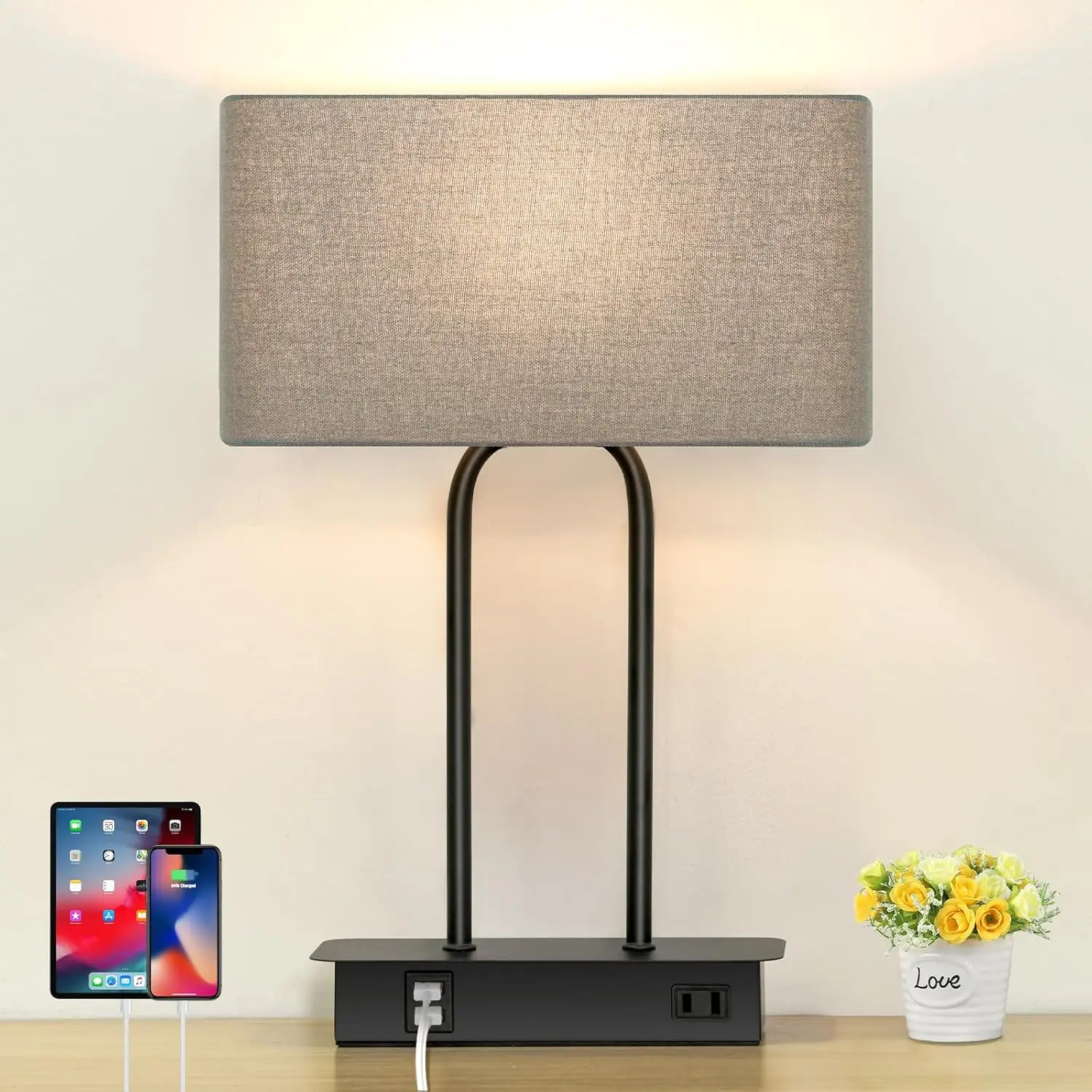 3-Way Dimmable Touch Table Lamp with USB & AC Outlet, Fabric Shade, Metal Base, LED Included, Warm White