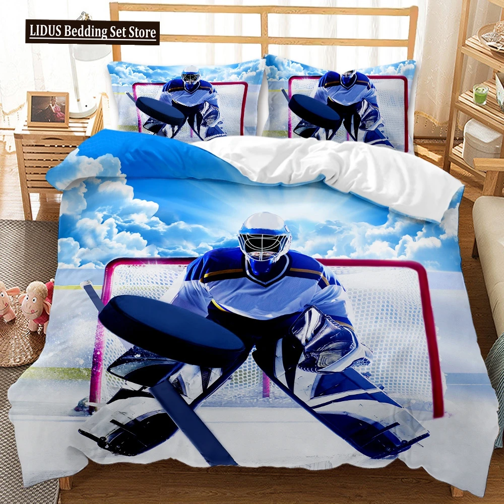 

Ice Hockey Duvet Cover Set Twin Hockey Sport Player Bedding Set Winter Extreme Sport Game Polyester Comforter Cover Set King