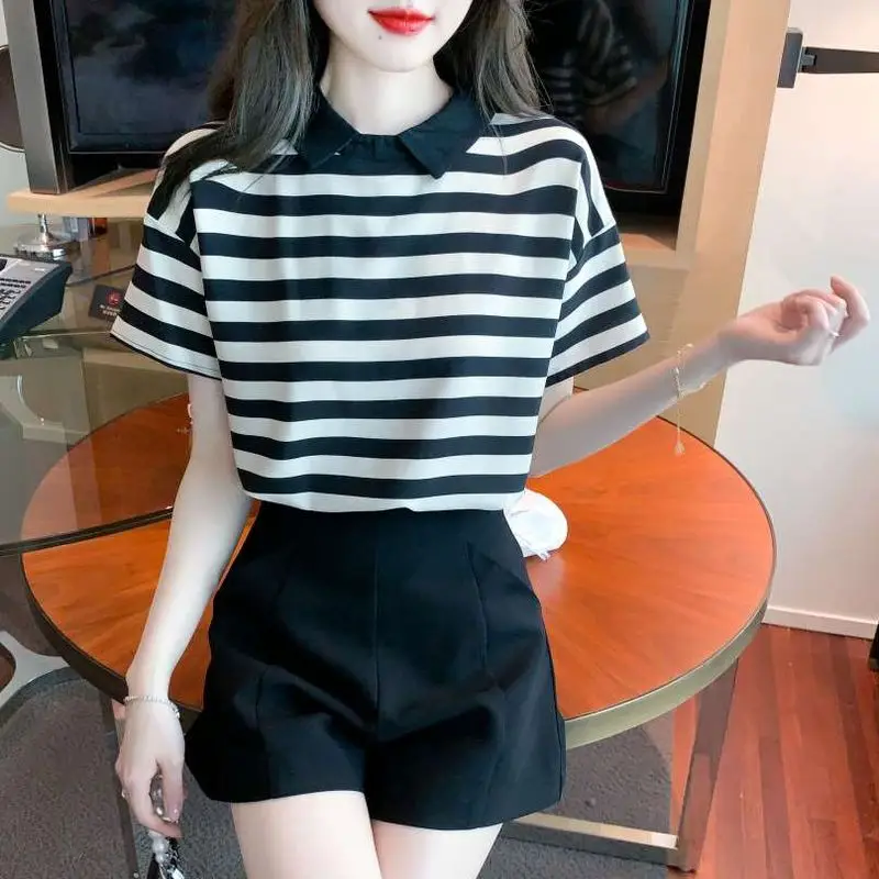 

Женская шифоновая ткань European Sle Summer New ort Sve Cleanfit irt Тонкая полипропиленовая ткань Ne Striped P...