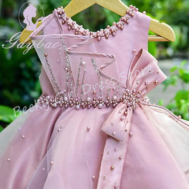 Элегантные платья с цветочным узором для девочек по индивидуальному заказу на свадьбу, блестящий тюль с жемчугом, плиссированный дизайн, платье для фотосессии для маленьких девочек