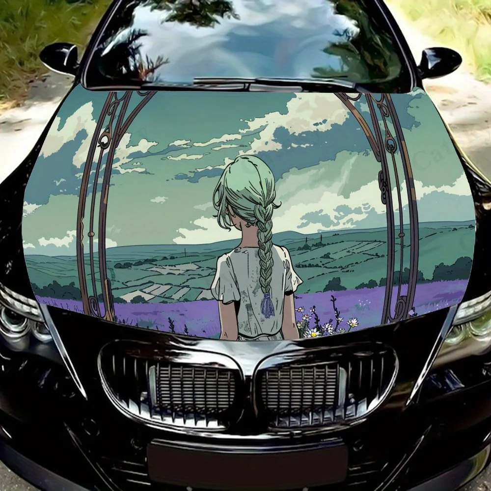 Maiden in Green Field Pattern car hood stickers, waterproof self-adhesive, scratch resistant, easy to stick, durable car PVC sti