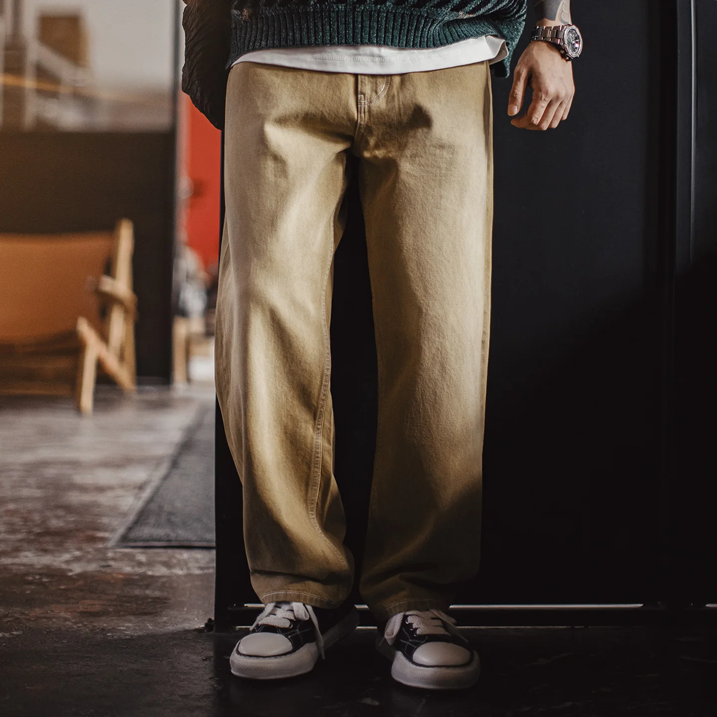 Maden Men‘s Vintage 13.8oz Washed Selvedge Denim Jeans Khaki Chino Tapered Loose Fit Pants Casual Trousers for Spring Autumn
