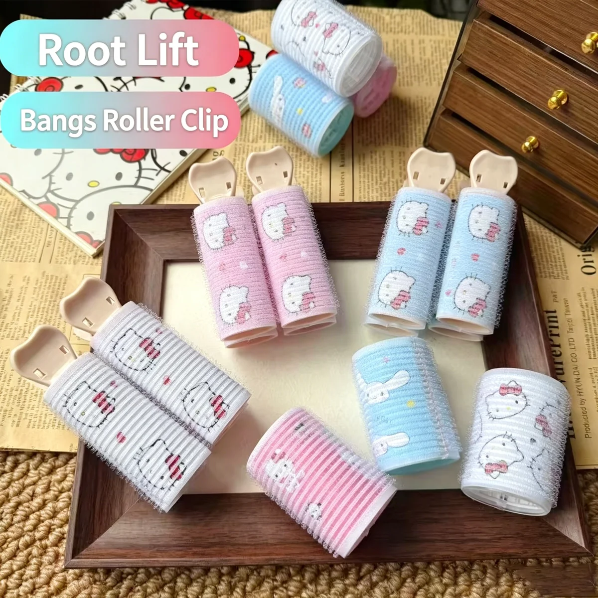 Cute Sanrio Heatless Hair Curler Set — Air-Bang Curlers (with Clips), Effortless Overnight Styling Tools for Root Volume.