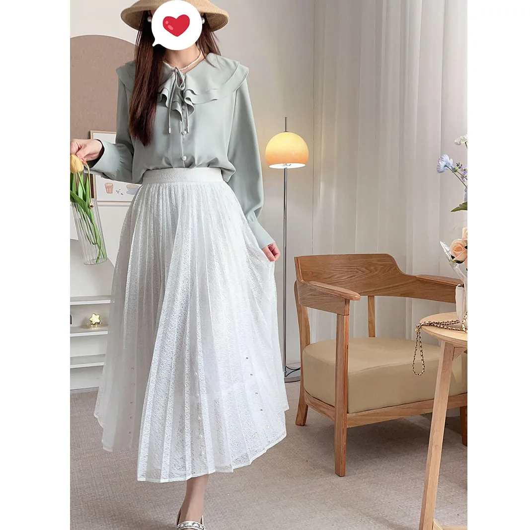 

Ele Pearl Buttoned Long Sve irt Women's Loose Fit French Sle Polyester Spring irt with Lace Hem Two Colors