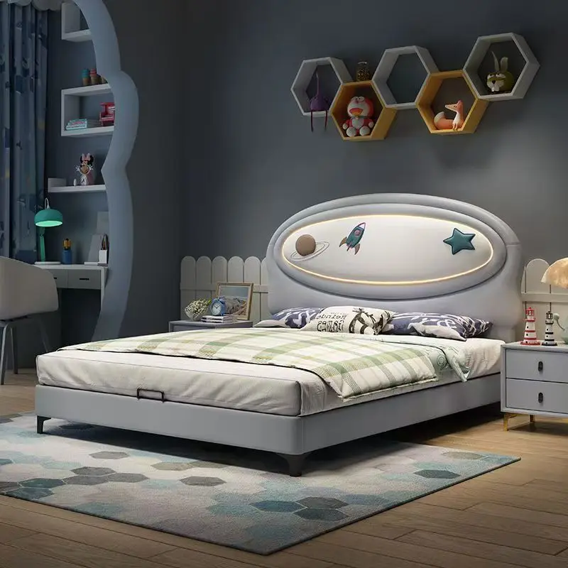 

！@Latest Design Leather Cartoon Child Bed Boy Space Creative Craft 1.5m Bedroom Single Bed Kids Twin Bed