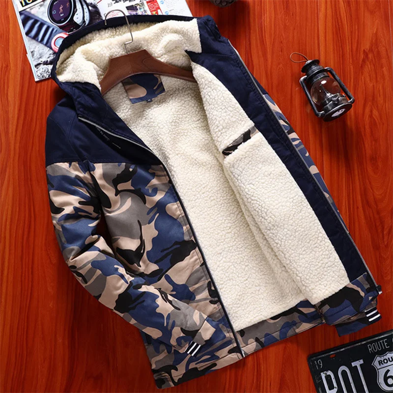 Men Outdoor Winter Camo Jacket Plus Velvet Thicken Thermal Cotton Large Size Casual Coats Climbing Skiing Camping Hooded