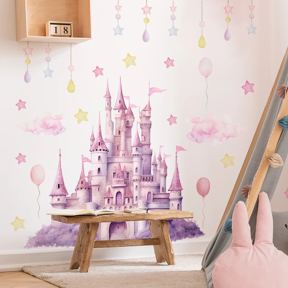 2sheet/set Pink Castle Wall Decals,  Clouds Stars Wall Stickers, Balloon Wall Decor for Kids Girls Bedroom Nursery Home