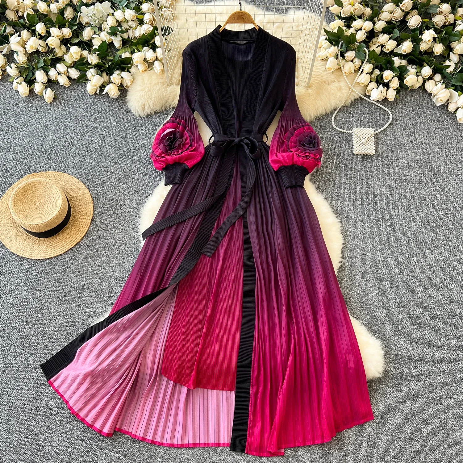 Vintage High Waist Dress Pleated Bandage Lantern Long Sleeve O Neck Dress Chic Autumn Vestidos Women Dress