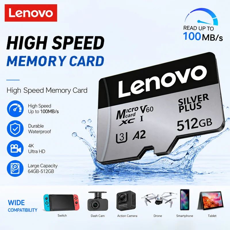 

Lenovo High-Speed Memory Card 512GB/256GB/128GB Large Capacity 4K Ultra High Definition Flash Memory Suitable for Drone Cameras