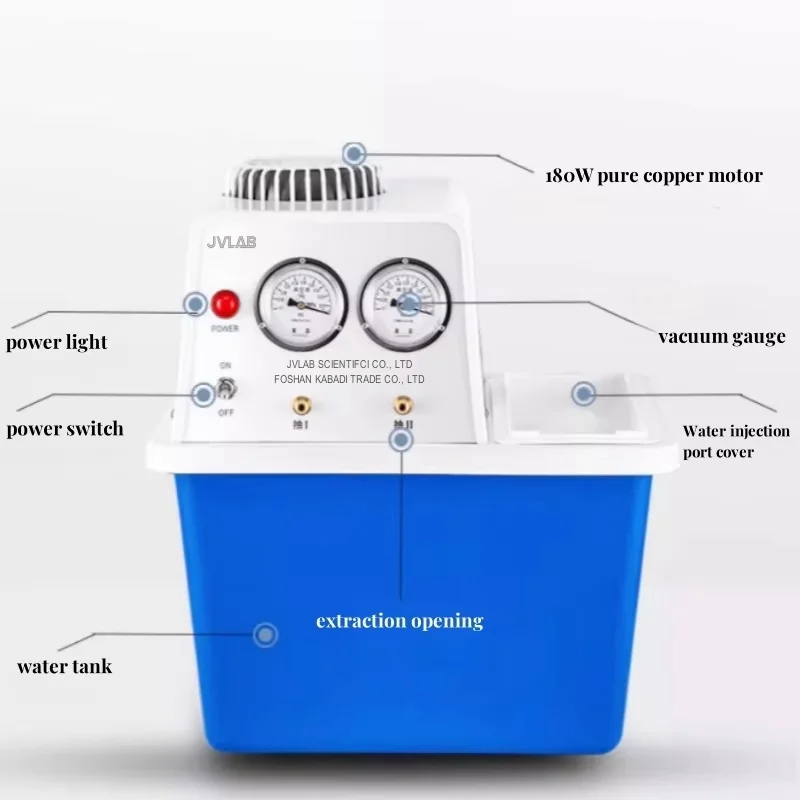 JVLAB SHZ-D (III) مضخة تفريغ المياه المتداولة لمختبر الكيمياء 15 لتر خزان 180 وات 60 لتر/دقيقة تدفق 8 متر رفع البناء البلاستيكي