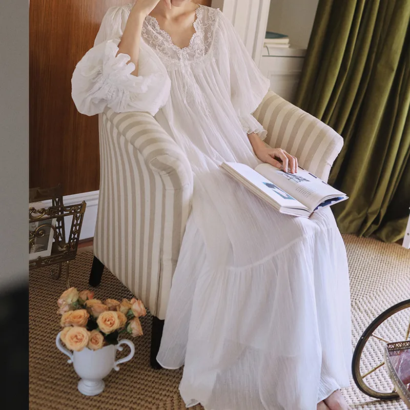 Women French Sexy Lace V-Neck Long Nightdress Princess Vintage White Cotton Nightgowns Loose Design Ankle-Length Nightie New