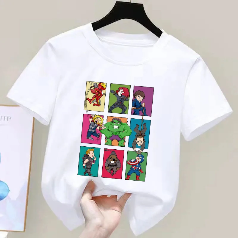 

Детская одежда, детская футболка с мультяшным принтом «Мстители Marvel», модная футболка для мальчиков с круглым вырезом и короткими рукавами, детский топ