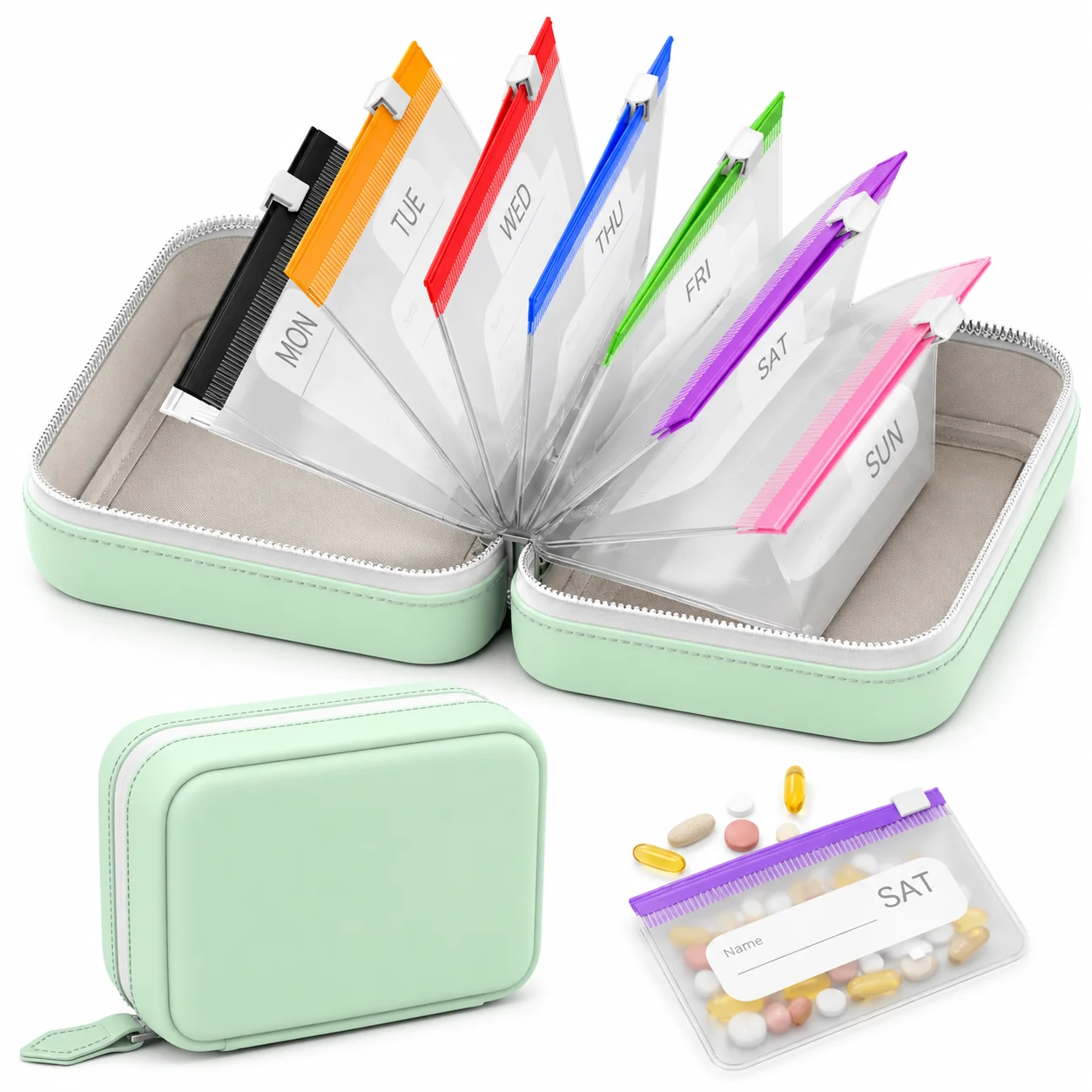 7 Day Pill Storage Organizer with 7 Color Coded Zipper Pouches Portable Weekly Medicine Travel Case for Daily Medication