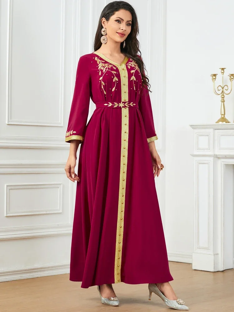 Eid Muslim Women Embroidery Dress Jalabiya Ramadan Morocco Dubai Abaya Kaftan Islam Party Vestidos Arab Lace Up Long Robe 2024