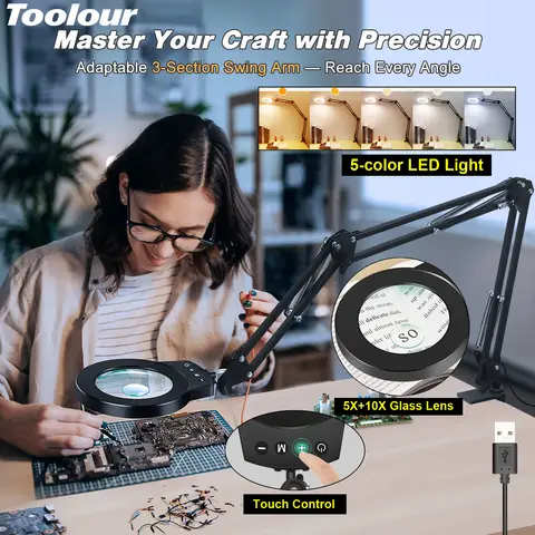 Toolour 5X+10X Magnifying Glass with 5 Color Modes Stepless Dimmable Light Magnifier Lamp for Soldering DIY and Close Work