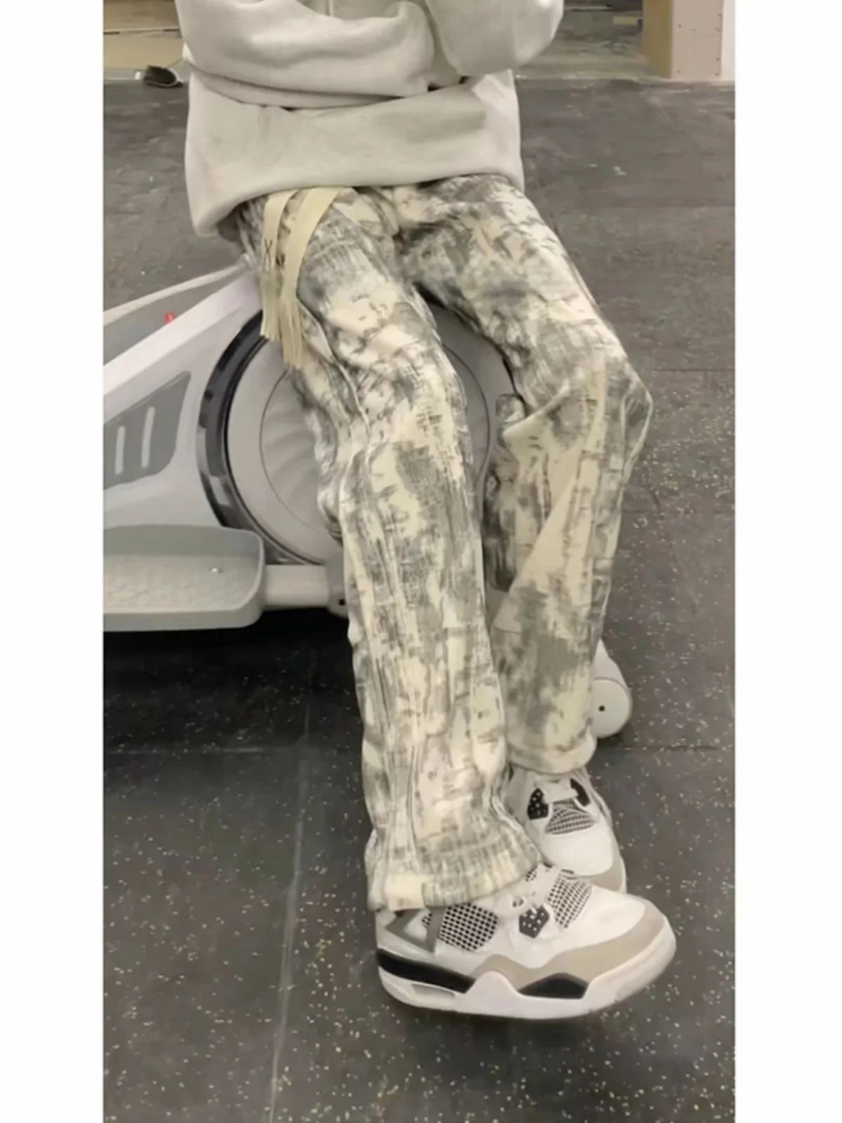 Tie-Dye Fce Lined Men's Casual Pants Dra Autumn Winter American Sle Sweatpants High Waist Extended Length Straight Leg