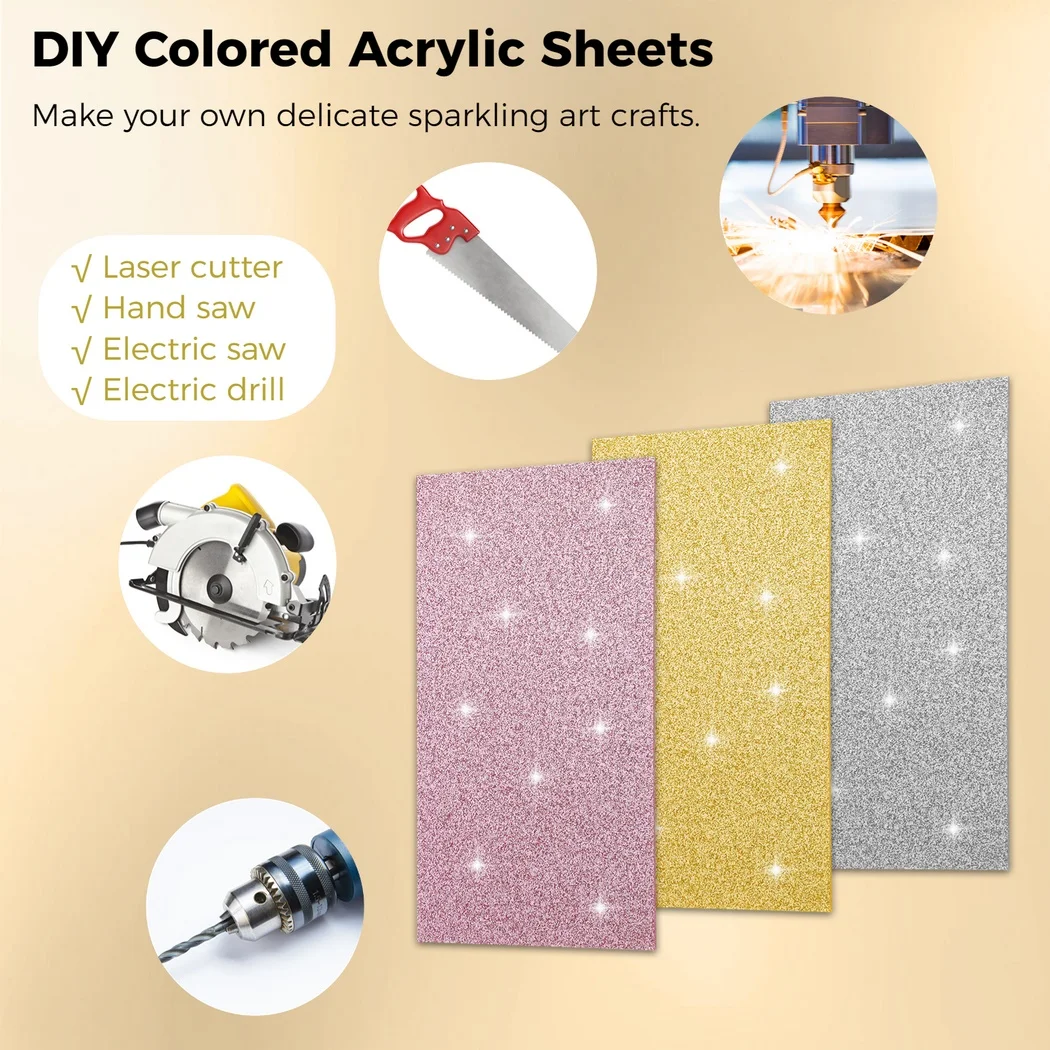 3Pcs Colored Acrylic Sheets Glitter Cast Acrylic Sheets For Laser Cutting Square Acrylic Sheets For DIY Projects Logo Sign Decor