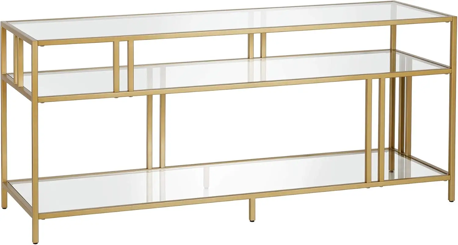 Rectangular TV Stand with Glass Shelves for TV's up to 60" in Brass, TV Stands for the Living Room