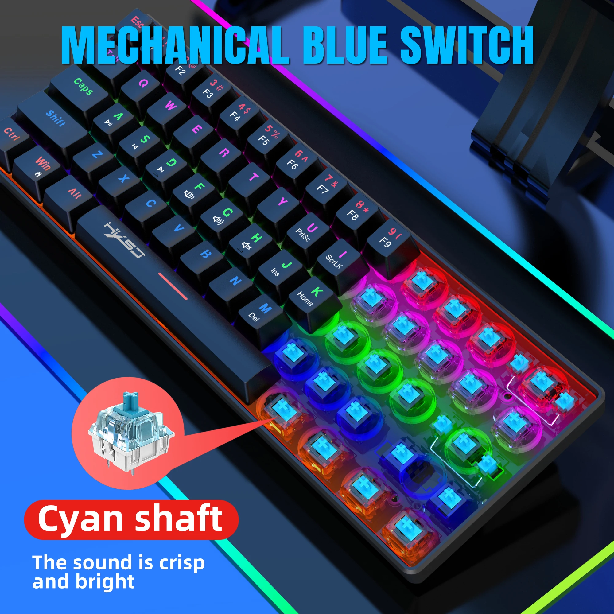 Imagem -05 - Hxsj-teclado Portátil para Jogos Mecânico Retroiluminado Led Compacto 61 Teclas Mini Teclado com Fio do Escritório Interruptor Azul para Janela 60